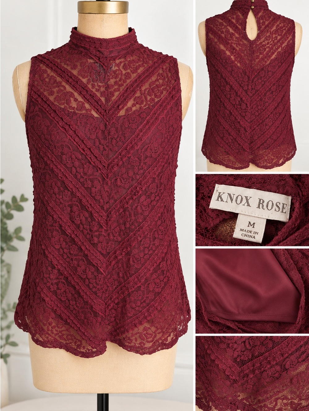 Knox Rose Burgundy Lace Mock Neck Sleeveless Top Boho Floral Chevron M